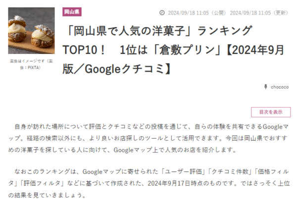 9月、10月連続で「岡山県で人気の洋菓子」口コミ1位獲得！